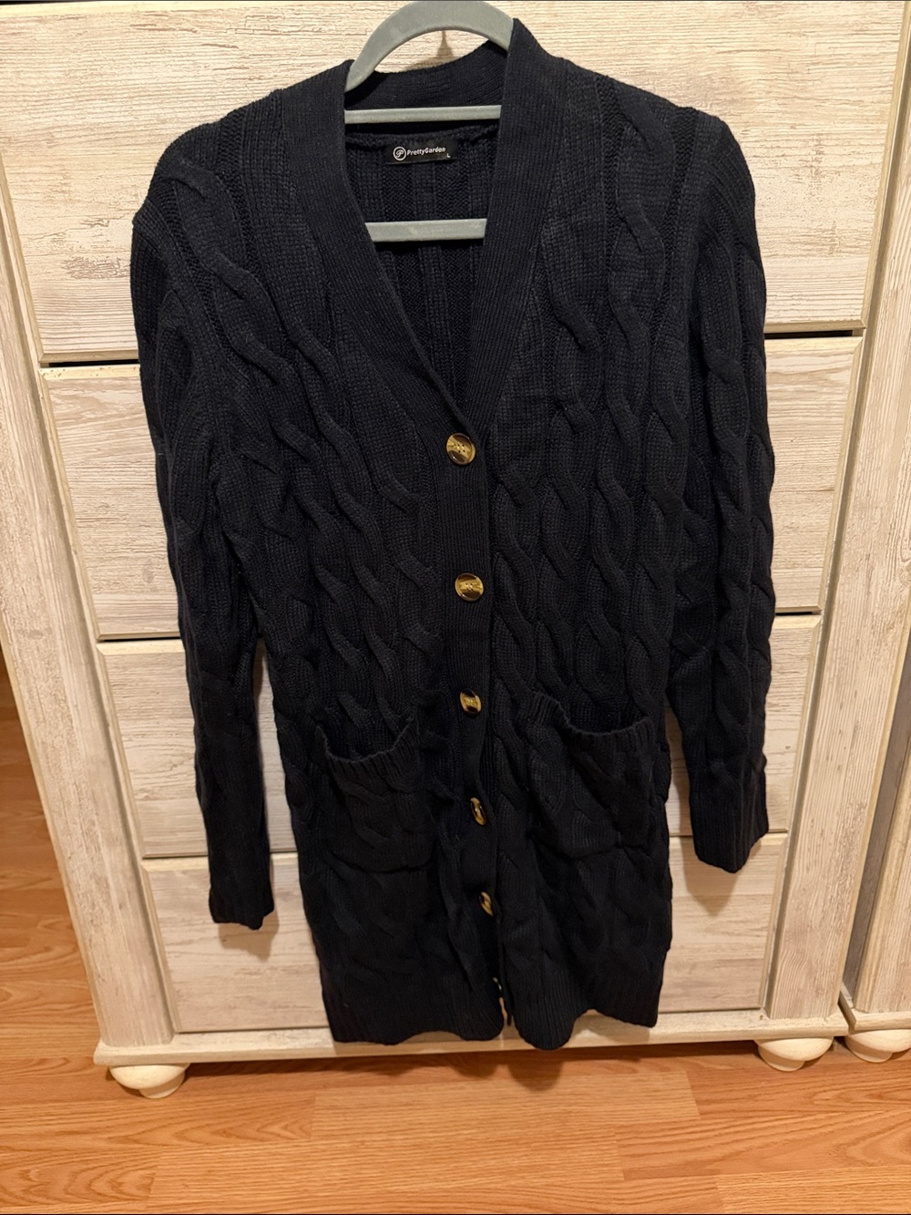 Pretty Garden Black Cable Knit Long Cardigan with tan and brown Buttons